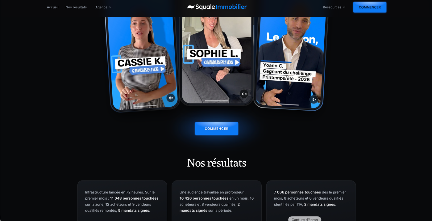 Capture d'écran squaleimmobilier.com : témoignages clients vidéo et section « Nos résultats »